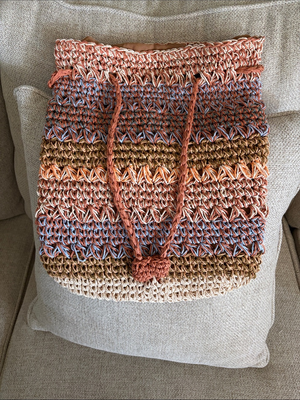 Handwoven Crochet Drawstring Tote in Rust, Cream & Blue